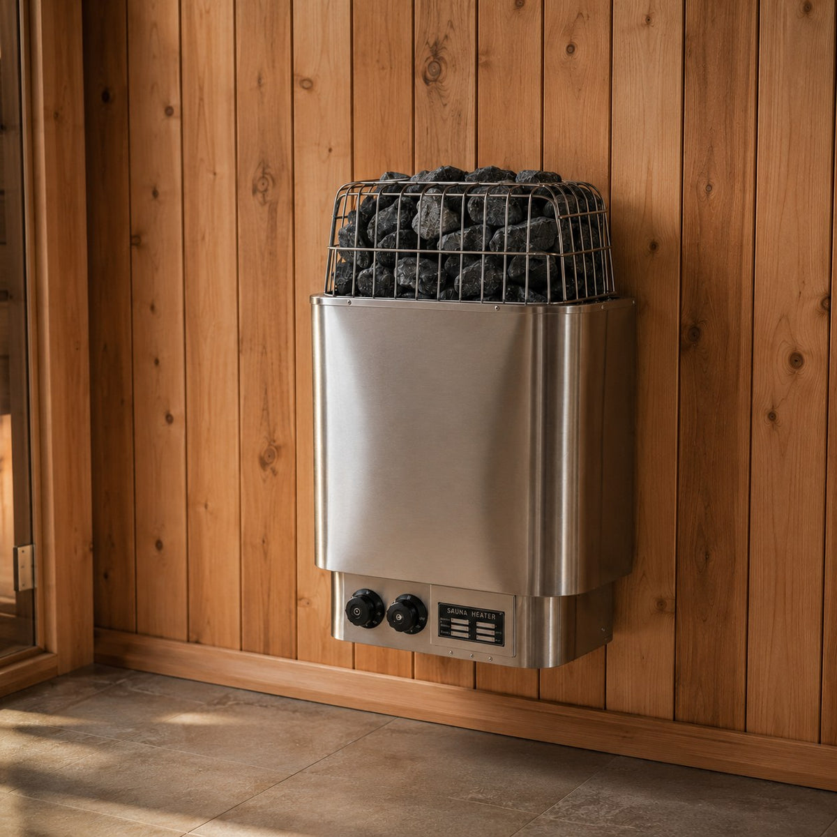 Procraft electric sauna heater mounted on the cedar wall of a sauna