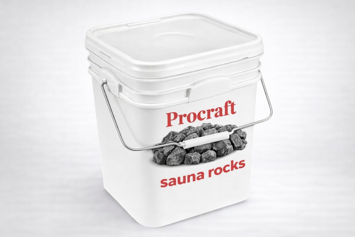 The sealed Procraft sauna rocks pail on a plain grey background, lid on and wire handle raised, labelled Procraft sauna rocks over a photograph of the stones.