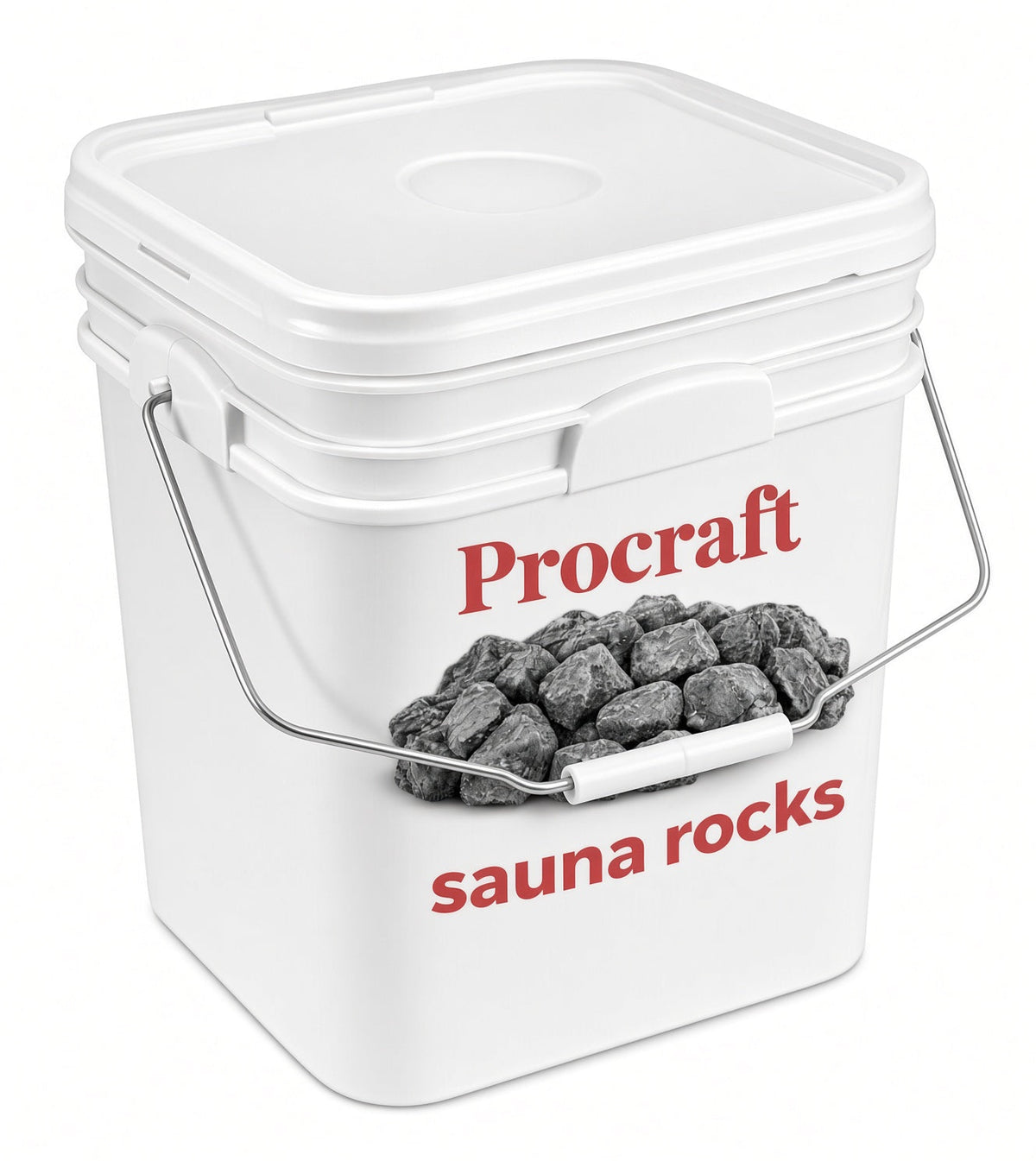 A white Procraft sauna rocks pail with its wire handle, labelled Procraft sauna rocks, showing the pile of sauna stones on the label.