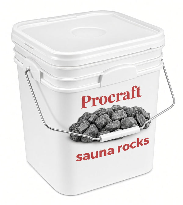 A white Procraft sauna rocks pail with its wire handle, labelled Procraft sauna rocks, showing the pile of sauna stones on the label.