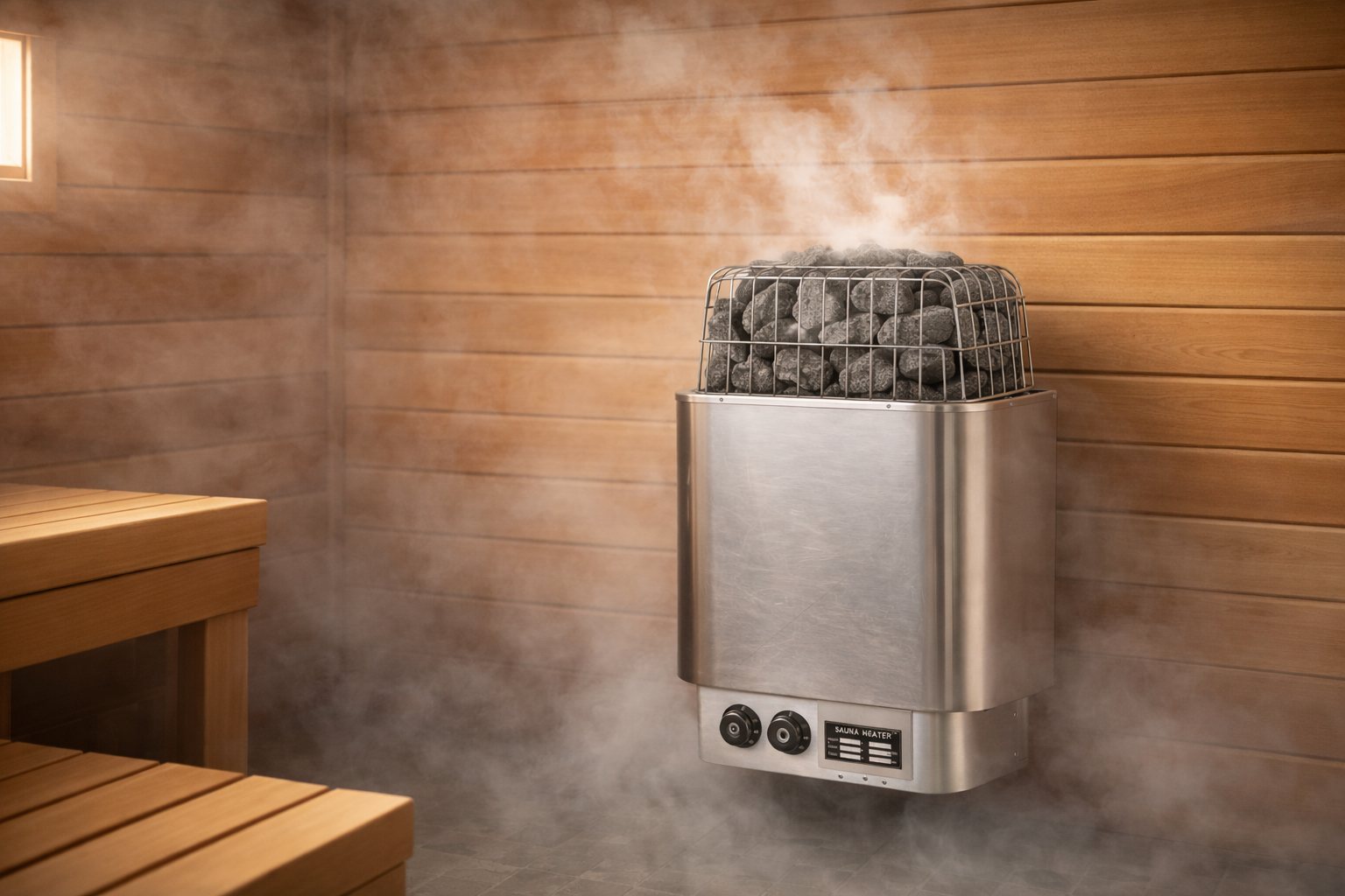 Steam rising off the rocks of a Procraft stainless steel electric sauna heater mounted on a cedar sauna wall